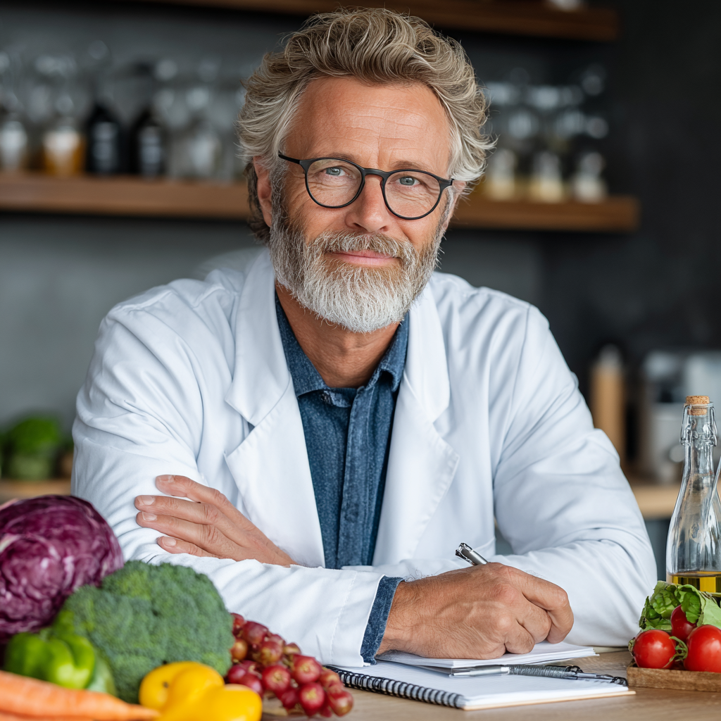 Professional middle-aged nutritionist man in his early 50s with gray hair and glasses, wearing white coat, sitting at desk with healthy food samples and notebooks, looking confident and knowledgeable